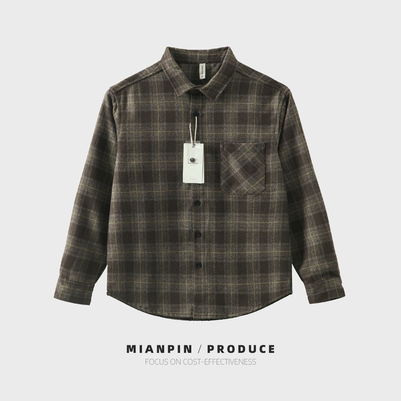 Japanese Retro Plaid Woolen Shirt for Men, Loose Casual Long-Sleeved Shirt, Trendy D292 Linen Autumn New Style