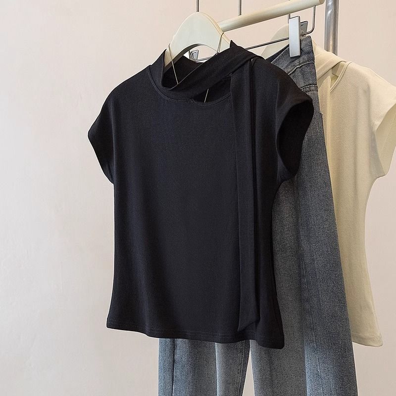 2025年新作夏人気モデル女性用右肩半袖Tシャツ、スリムフィット、お腹カバー、リボン付きトップス|undefined