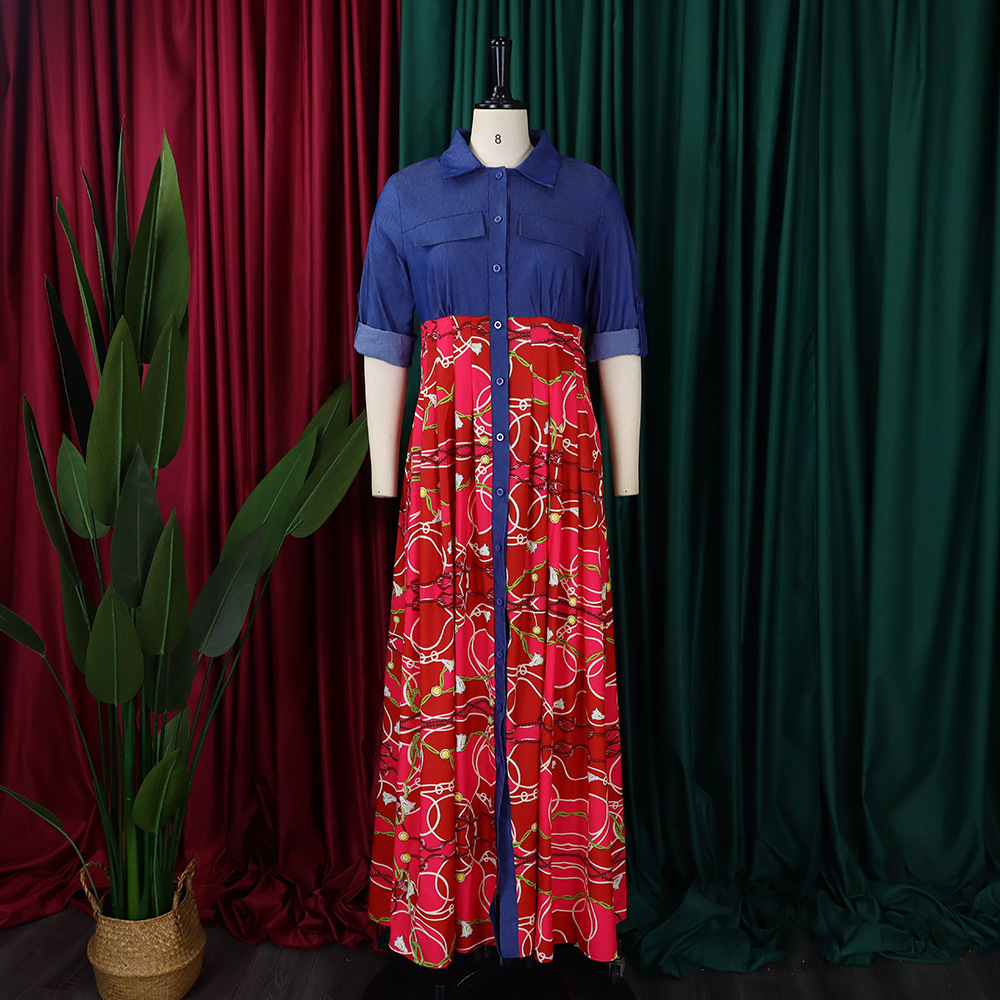 Abito da sera lungo da donna con stampa e dettagli in denim_voghion.com