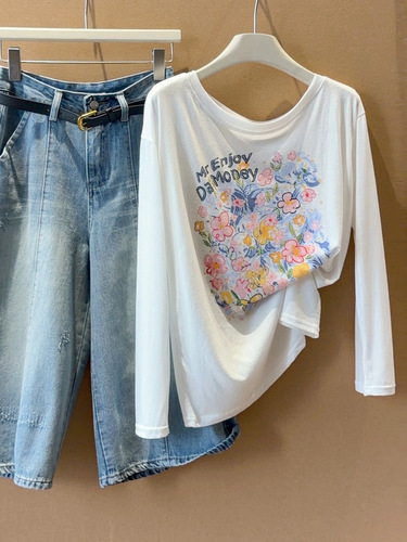 White flower printed long-sleeved T-shirt for women's summer loose all-matching round neck casual lazy sun-proof blouse top