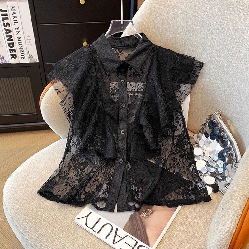 Lace Splicing French-Style Dynamic Bow Tie Short-Sleeve Shirt for Women, New Summer 2025 Style, Elegant and Sweet Casual Blouse