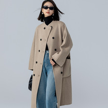韩版女士圆领骆驼绒双面呢大衣休闲宽松气质通勤保暖系扣带兜外套