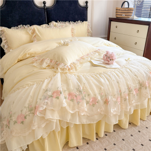 ✅ Korean Lace Princess Style Bed Skirt Four-Piece Set for Girls Sleeping Naked Embroidered Quilt Cover Bed Sheetss