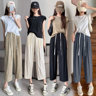 Stretch in stock Summer Ice Silk Cotton and Linen Yamamoto Pants Hallen Pants Slimming Drawstring Wide-leg Pants Ankle-length Pants