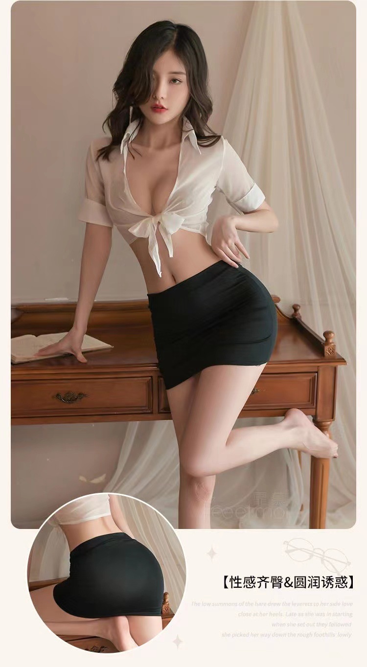 Sexy Secretary Roleplay Costume Set with Chiffon Shirt, Mini Skirt and Panties — detail image 6