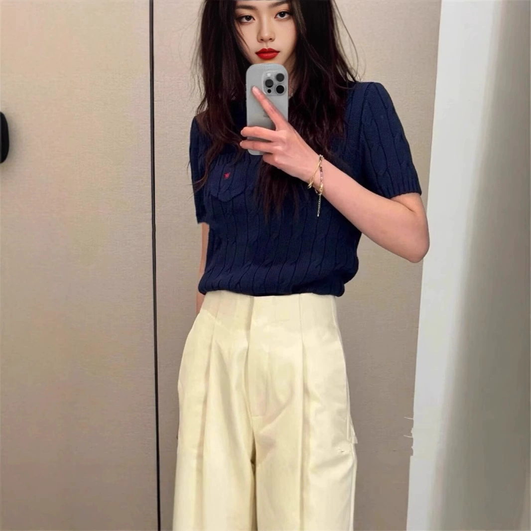 RL Rlaf Po логотип тонкая футболка топ с вышивкой карманы с вьемой круглым вырезом трикотажный хлопковый рукав с короткими рукавами летом