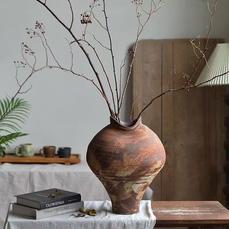 Vintage Wabi-Sabi Style Ceramic Vase Ornament, Retro Zen-Style Distressed Flower Vessel, Homestay Decoration, Rustic Pottery Jar Ornament