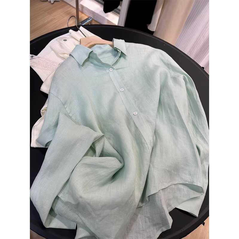 Áo sơ mi nữ linen mỏng thoáng khí mùa hè chống nắng — bạc hà xanh chi tiết 5