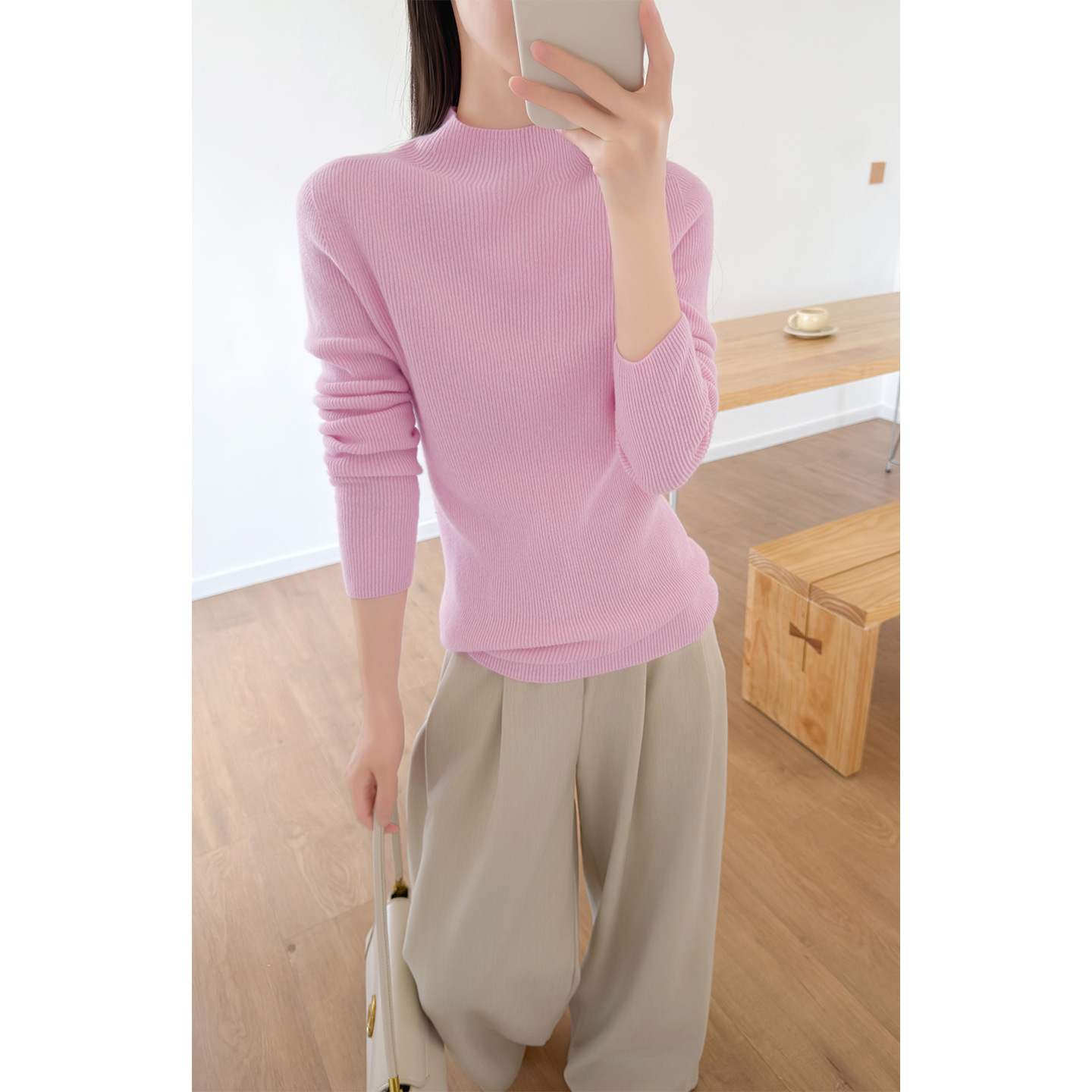 90% wool, 10% cashmere, semi-high neck base layer women's autumn and winter new style slimming ribbed warm inner layer mid-neck sweater