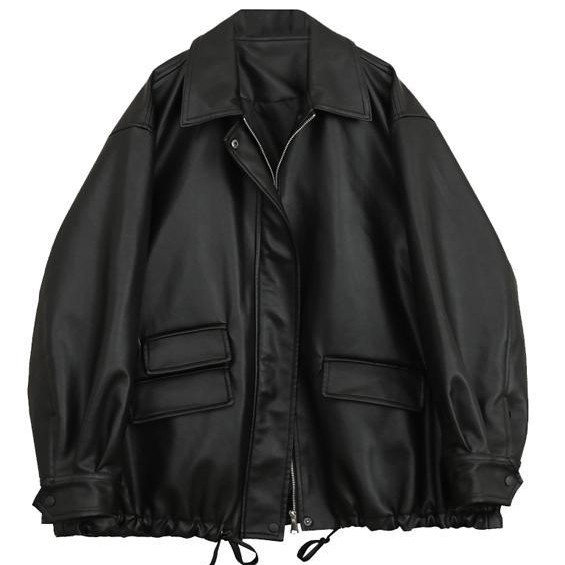 Spring 2025 plus size American Retro Leather Women's Design Niche Loose Casual All-match Coat Black Jacket