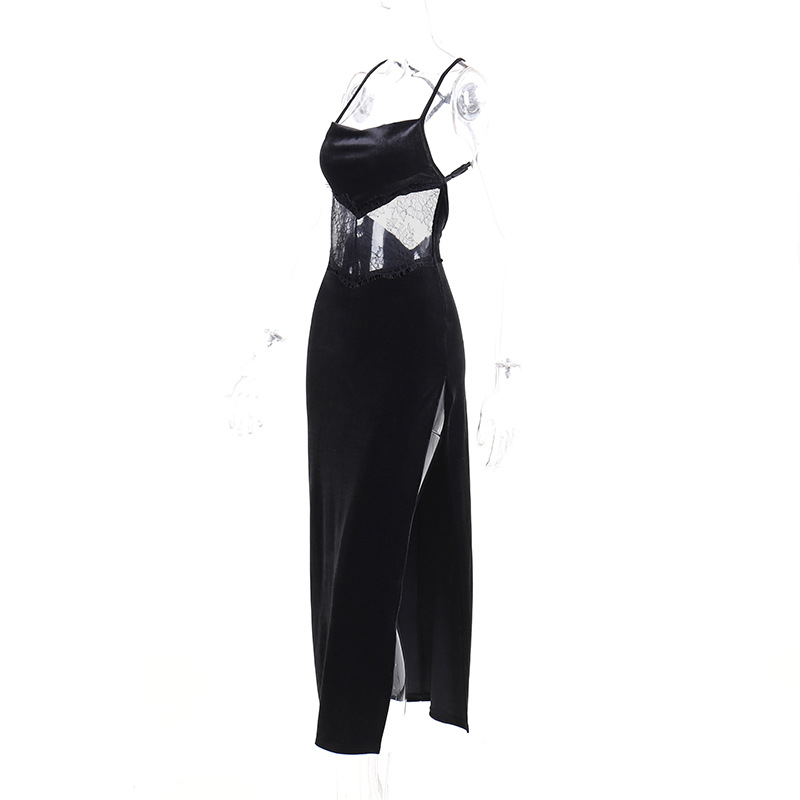 Women Autumn Summer Lace Sexy Backless Patchwork Slit Dress Women