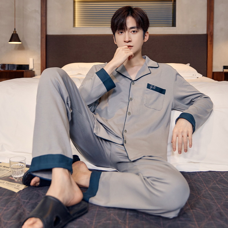 Pijamas de algodón para hombres otoño nuevos pantalones de manga larga Chaqueta de punto solapa traje de hombre casual a rayas simple ropa para el hogar