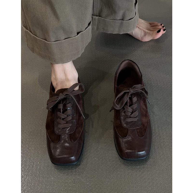 Cowhide Version~Genuine Leather Retro Square-Toe Lace-Up Small Leather Shoes for Women, Ballet-Style Versatile Casual German Training Shoes, Flat Single Shoes Cowhide Version~Genuine Leather Retro Square-Toe Lace-Up Small Leather Shoes for Women, Ballet-Style Versatile Casual German Training Shoes, Flat Single Shoes