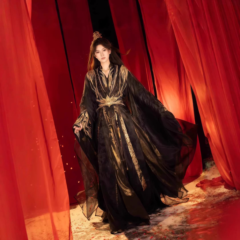 Original New Hanfu Design, Unisex Style with Stand Collar, Heavy Embroidery, Black Fairy-Style Costume for Film and Television Shoots, Travel Photography Outfit Original New Hanfu Design, Unisex Style with Stand Collar, Heavy Embroidery, Black Fairy-Style Costume for Film and Television Shoots, Travel Photography Outfit