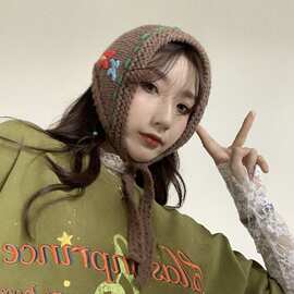 韩国ins复古手工系带针织耳罩女秋冬花朵可爱保暖护耳毛线耳包