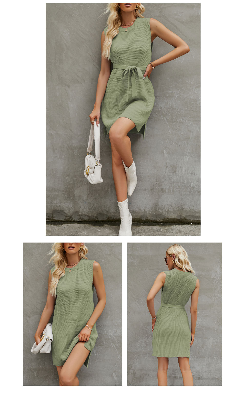 Mid Waist Waist Line Street Occasion Round Neck Neckline Women's Sweater Dress Sexy Round Neck Sleeveless Solid Color Above Knee Street