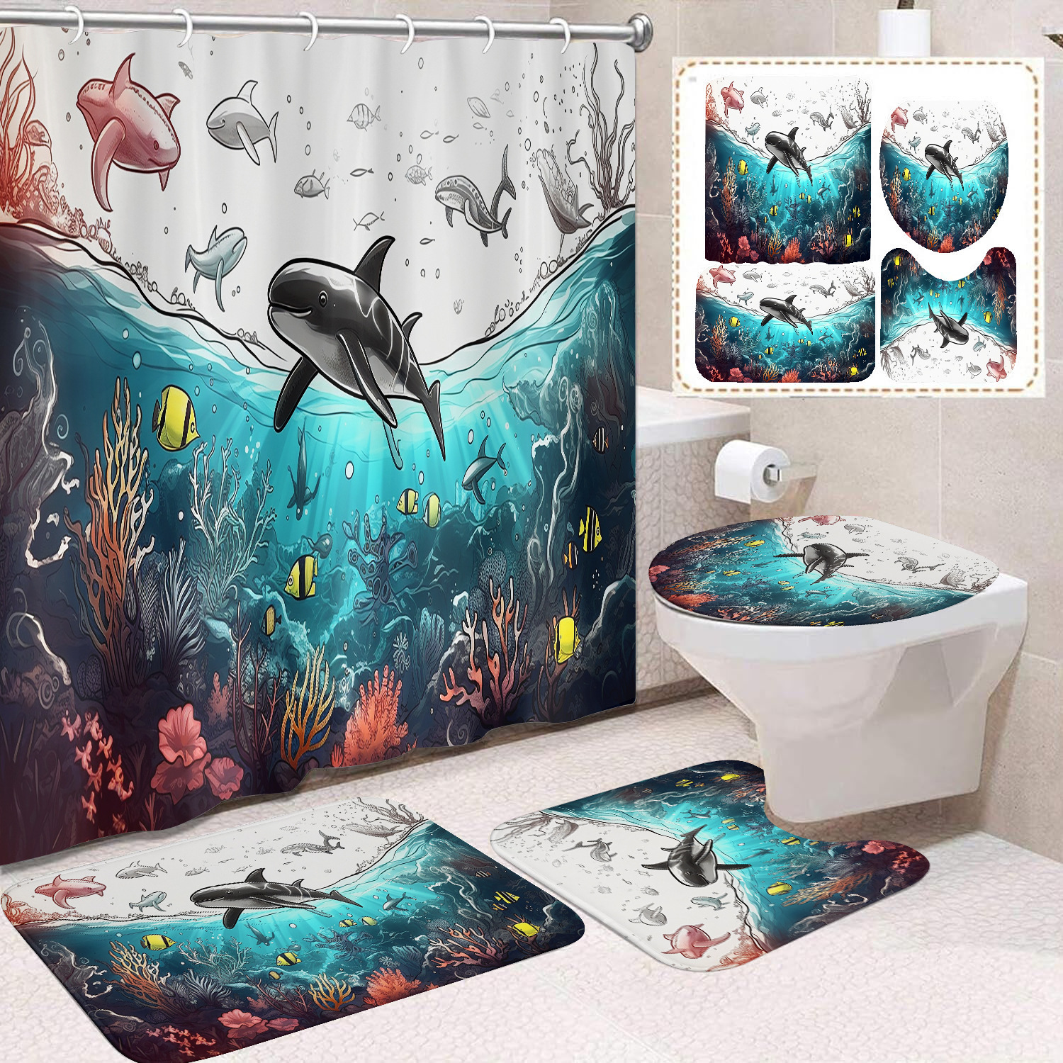 Cortina de ducha transfronteriza con diseño de delfines azules, estampada digitalmente, de poliéster, sin perforaciones, para baño, decoración del hogar image 45