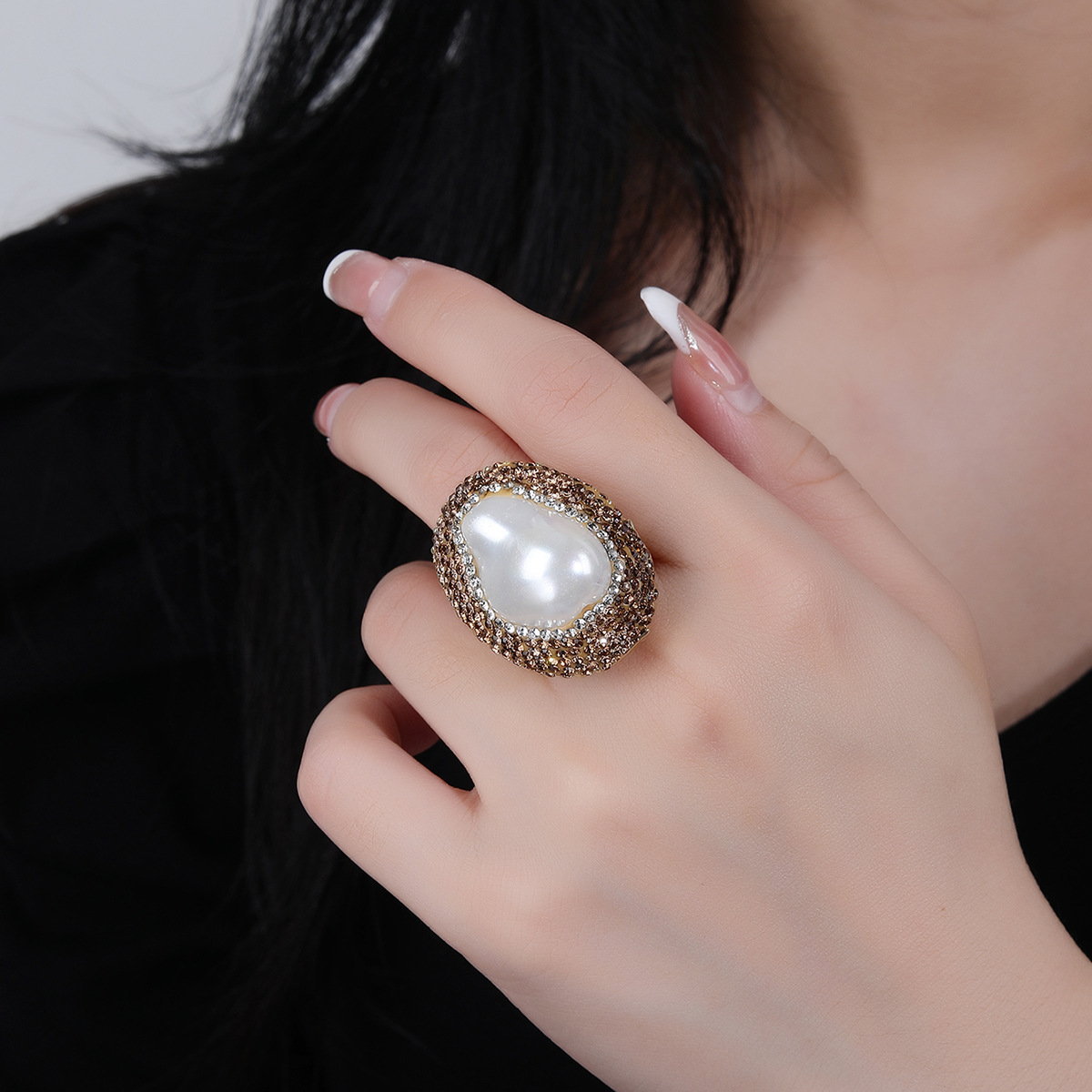20g Weight Rhinestones, Pearl, Shell Inlay Material Open Rings Classification Adjustable Ring Size 1 Piece Quantity Daily Occasion Copper Material Geometric Pattern All Seasons Season Women's Gender Inlay Design IG Style Style IG Style Geometric Copper Rhinestones Pearl Shell Open Rings In Bulk 4