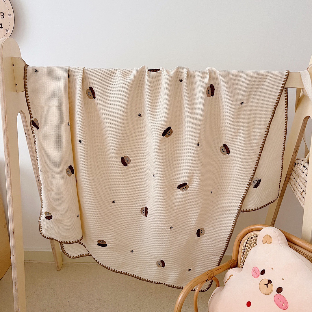 Raw Cotton Waffle Baby Blanket Soft Waxy Wool Overlock Embroidered Cover Blanket Multifunctional Nap Blanket Sofa Blanket