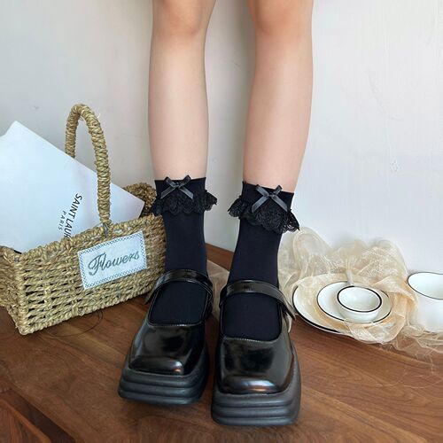 Summer sweet thin mid-calf white lace bow lace socks velvet knee-high girl socks Lolita