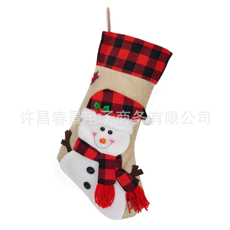 个性化刺绣新款麻布圣诞袜格子老人雪人鹿半立体圣诞树礼物装饰品|undefined