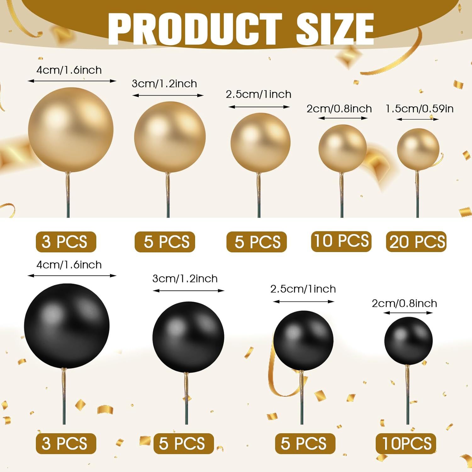 Cross-border best-selling 66-piece set of birthday party cake decoration balls, baking gold balls, silver balls, and colorful balls