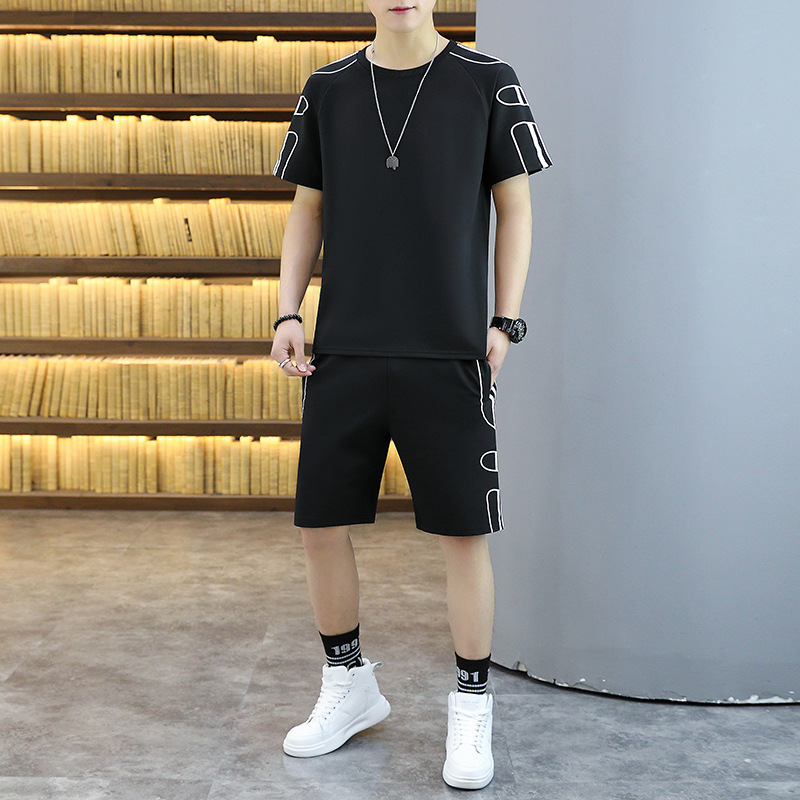 Pantalones cortos traje deportivo verano de los hombres Nueva suelta casual de dos piezas transpirable hielo de seda de manga corta Camiseta de cinco puntos Pantalones