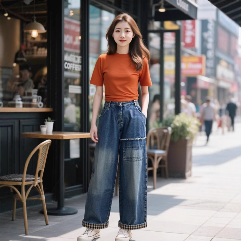 2025 Plus Size American Retro Raw Edge Asymmetrical Jeans Women's Wide Leg Straight High Street Loose Splicing Pants Trendy