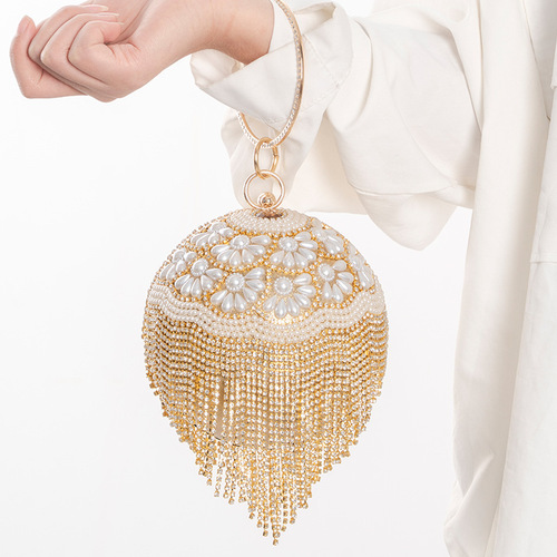 Cross-border new European and American pearl evening bag spherical tassel strap bracelet evening bag fashionable noblewoman evening dress handbag