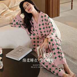 新款复古印花两件套女士家居服春夏秋长袖长裤睡衣套装女跨境货源