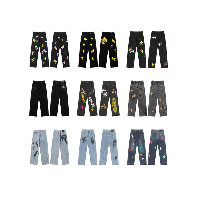 American high street style leather patched cross jeans for men and women, washed and distressed, loose straight-leg, trendy casual pants, cross-border
