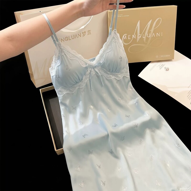Purely sensual sleeveless satin camisole luxury nightdress with sexy built-in chest pads, silk high-end lace loungewear Purely sensual sleeveless satin camisole luxury nightdress with sexy built-in chest pads, silk high-end lace loungewear