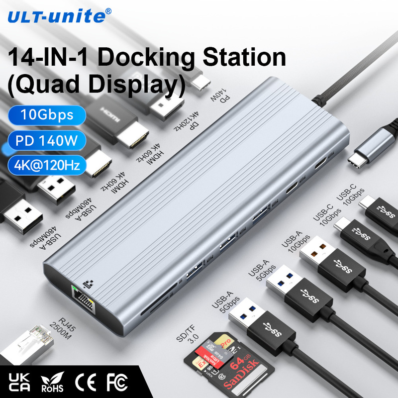 14-in-1 4K 120Hz USB C Docking Station Quad Display Hub