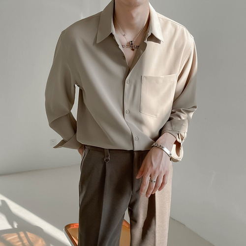 Spring and Autumn Design Sensibility Top Korean Style Loose High-End Long-Sleeve Shirt for Men, Flowing Sensation, Wrinkle-Resistant Solid Color Shirt