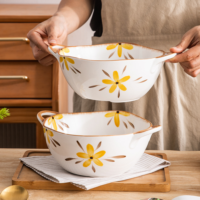 Vintage Household Simple Ceramic Soup Bowl Japanese-Style Yellow Floral Painted Tableware Double-Handle Large Plate Salad Chaozhou Manufacturer Wholesale Vintage Household Simple Ceramic Soup Bowl Japanese-Style Yellow Floral Painted Tableware Double-Handle Large Plate Salad Chaozhou Manufacturer Wholesale