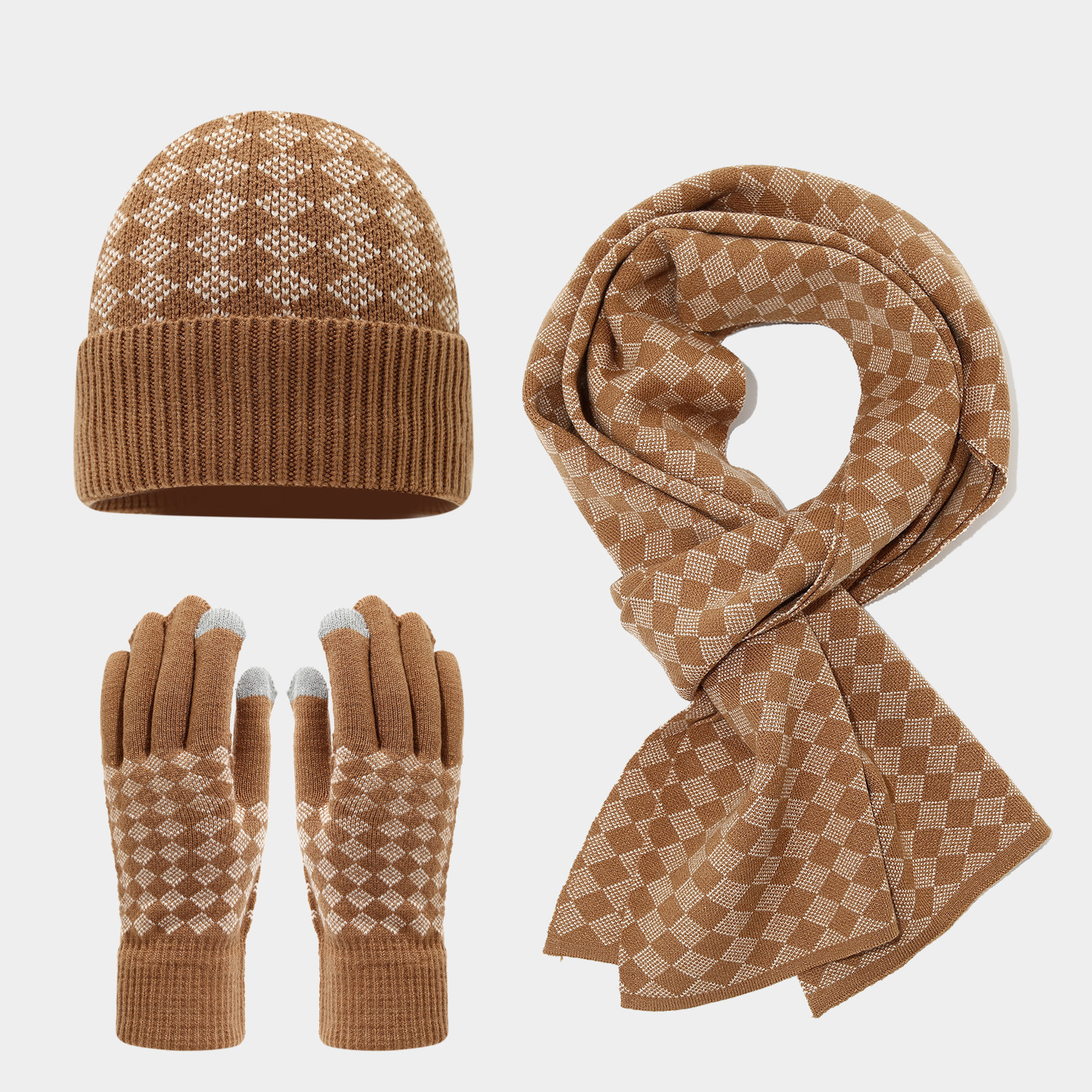 Otoño y invierno guantes de pantalla táctil caliente sombrero bufandas de tres piezas con cuadrícula de diamante antifría extranjera con set de punto caliente
