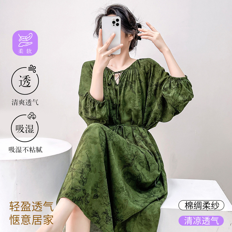 Nightgown for Women, New Chinese Style Retro National Style Cotton Silk Pajamas, Spring and Summer Artificial Cotton Mid-Sleeve Home Wear, Extended Length Dress