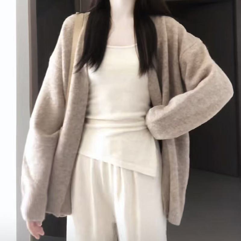 复古咖色宽松长袖毛衣女春季新款慵懒风外搭中长款小众针织开衫潮|undefined