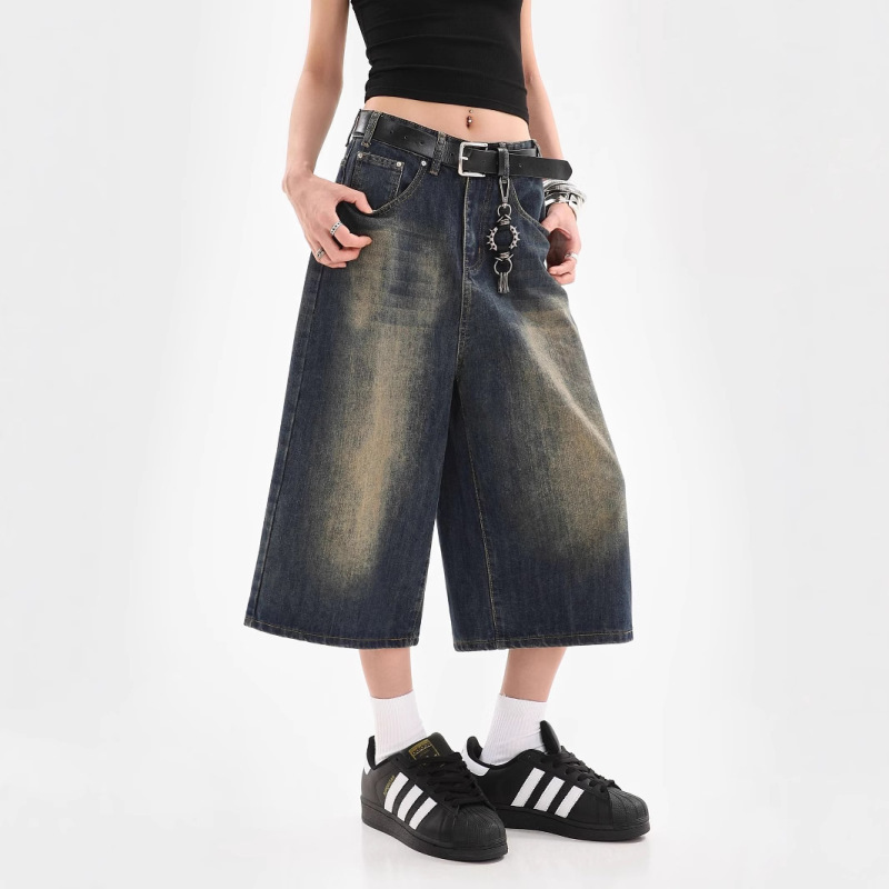 Wide-Leg Cropped Jeans for Women, Summer Style, Retro Washed, Distressed Straight Pants, Semi-Elastic Waist, Loose Casual Shorts