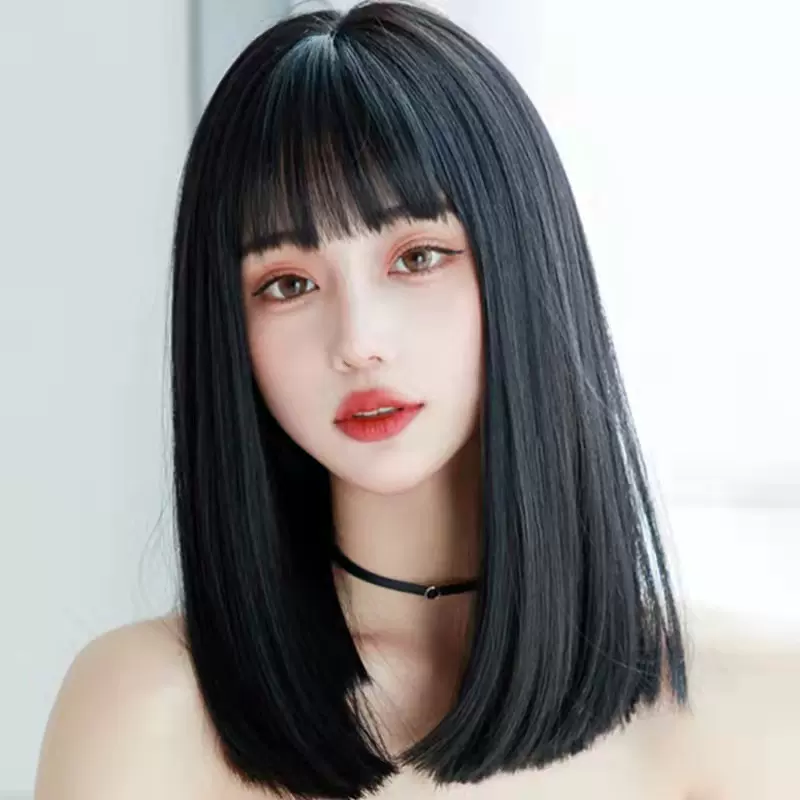 新款假发女生齐刘海黑色中长直发漫画Lisa同款cosplay假发全头套