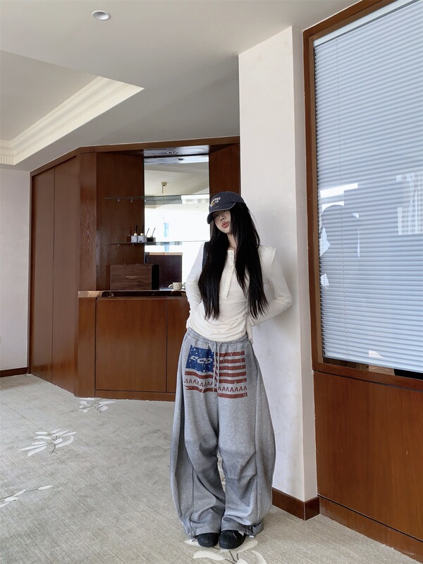美式灰色休闲裤女秋季爵士舞裤子运动裤卫裤高腰直筒阔腿拖地长裤|undefined