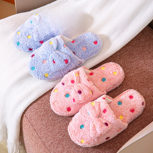 Autumn/Winter Round Dot Bow Home Warm Cotton Slippers for Women Korean Style Indoor Home Wood Floor Cotton Slippers