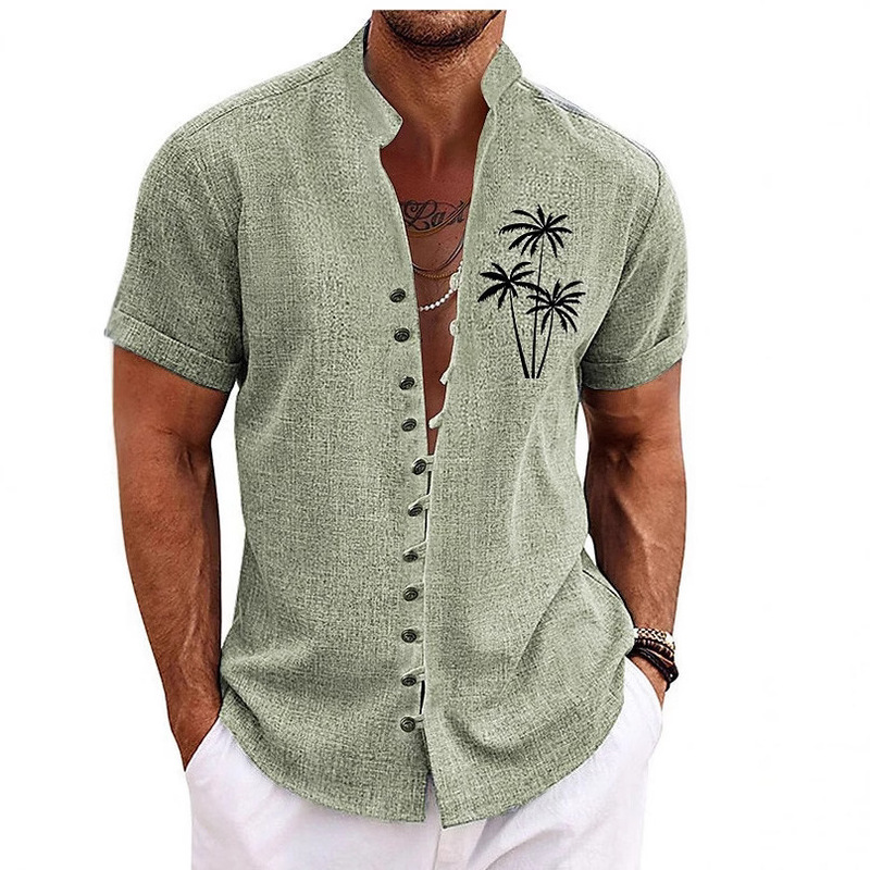 2024 European and American Summer New Cross-Border Amazon Aliexpress Men's Retro Cotton and Linen Button Stand Collar Short-Sleeved Shirt 2024 European and American Summer New Cross-Border Amazon Aliexpress Men's Retro Cotton and Linen Button Stand Collar Short-Sleeved Shirt