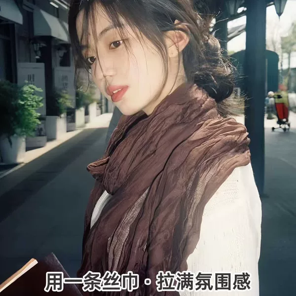 Vintage Cotton and Linen Scarf for Women 2026 Spring/Summer Artistic Brown Vintage Pleated Sun-Protective Silk Scarf for Neck, High-End Ambiance
