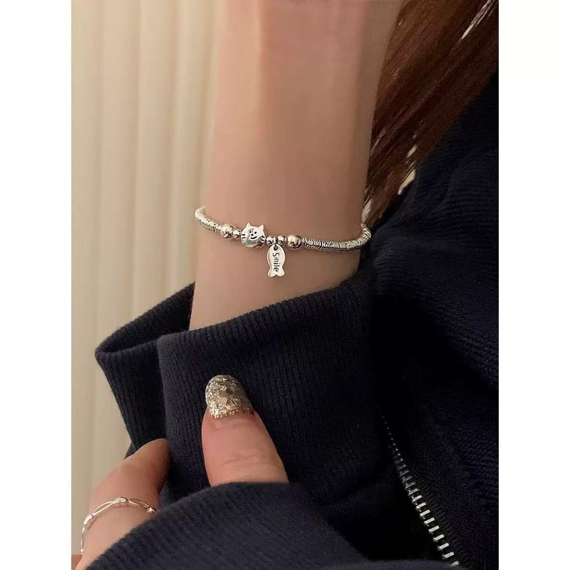 猫と魚のブレスレット女性用新しい中国風トレンディシンプルかわいいクリエイティブデザインシルバーリングブレスレットニッチ|undefined