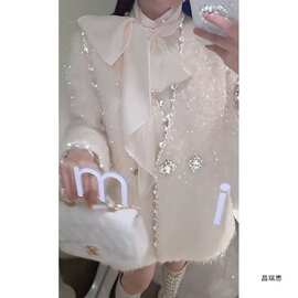 法式气质名媛小香风羽绒服重工钉珠中长款毛呢外套女冬季有吊牌