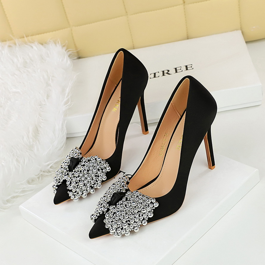1983-H60 Korean Style Elegant Bowknot Thin Super Satin Light Luxury Pointed Toe Shallow Mouth High Heel Single Shoes_vogvips.com