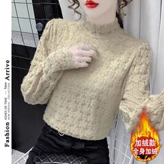 植毛半高襟とベルベットの厚いレースシャツの女性の底の洋気の中にブラウス2022秋冬のファッション上着を着る