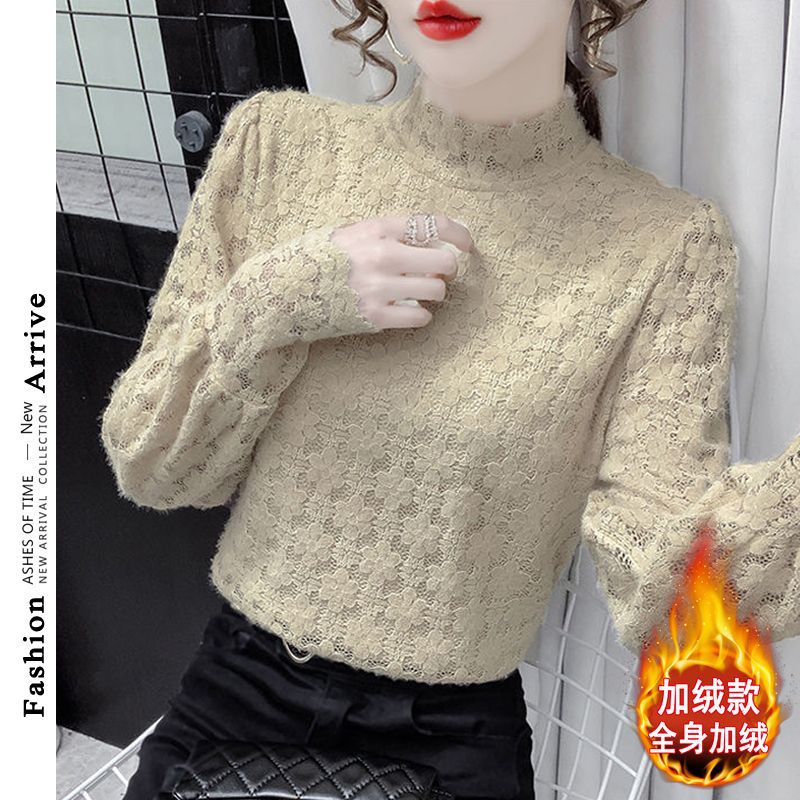 植绒半高领加绒加厚蕾丝衫女打底洋气内搭小衫2022秋冬款时尚上衣