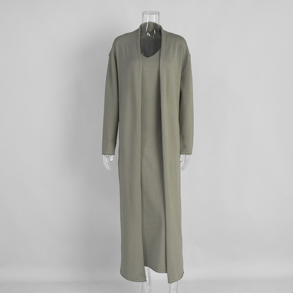 Bộ đầm dài kèm áo cardigan dệt kim dài tay nữ — Màu cà phê đậm, Màu hồng, Màu trắng, Màu xám chi tiết 12